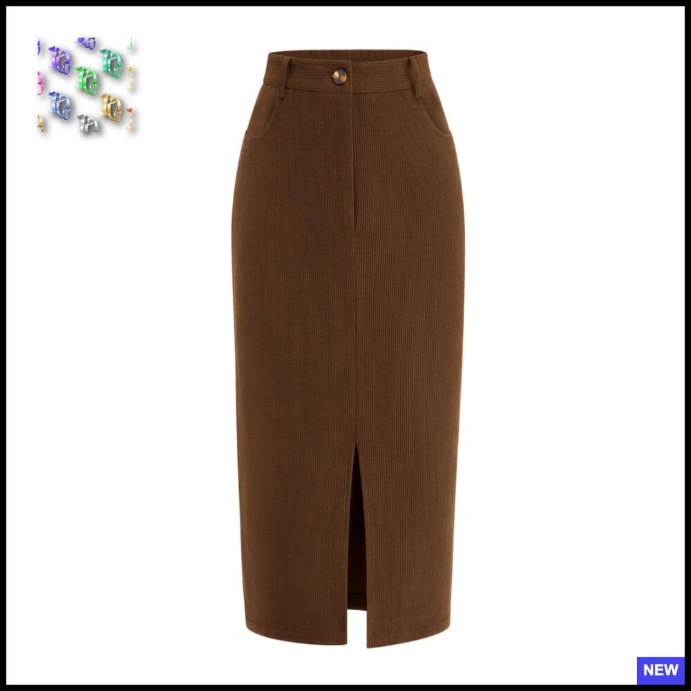 Corduroy Pencil Midi Skirt High Waisted Elegant Business Casual Fall Winter
